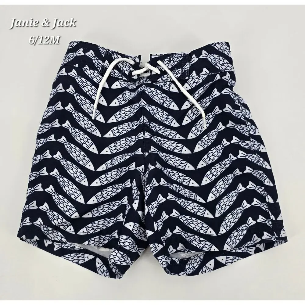 Janie & Jack Baby Boys Swim Trunks‎ Fish Print Size 6–12 Months